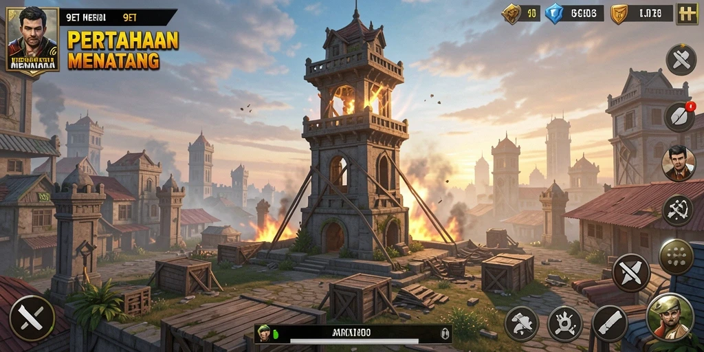 Tampilan gameplay 9ET dengan pertahanan menara yang spektakuler.