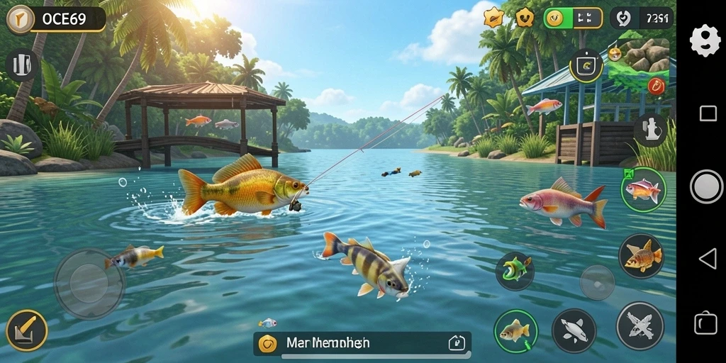 Screenshot gameplay OCE69 menampilkan momen memancing yang seru.